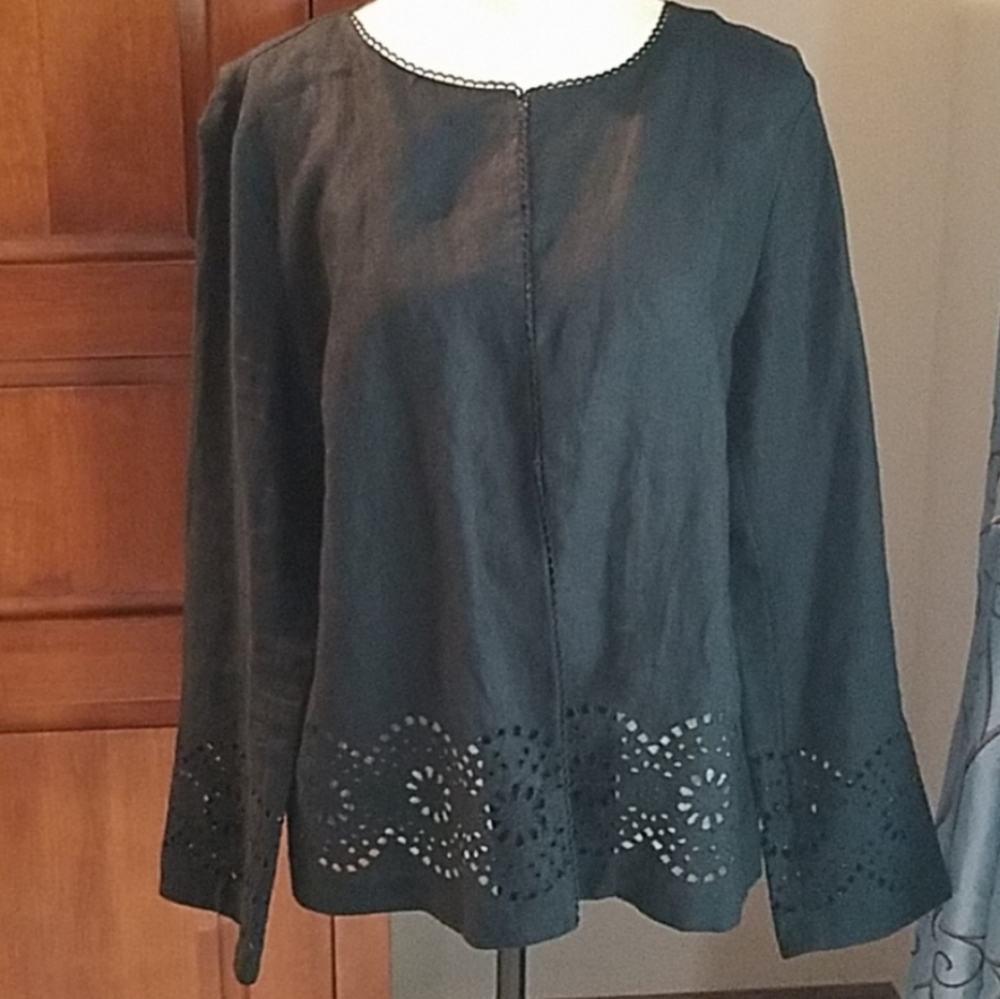 70. Laura Ashley jacket, collar-less black linen, laser cut, EUC - Picture 3 of 11